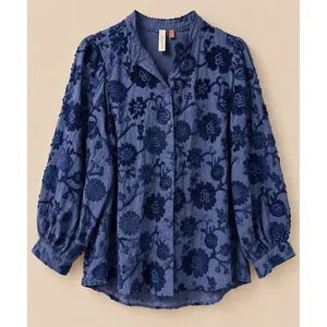 Pilcro Women Blouse M Blue Embroidered Floral Button Down Balloon Sleeve Boho thumbnail 2