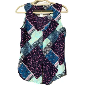 Charming Charlie C medium blue patchwork print hi low tank open back split bottom new thumbnail 2