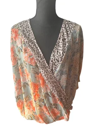 Boho Mixed Print Wrap Blouse Bad Little Country Girl XL Floral Leopard thumbnail 1