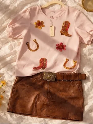Mesh + Love Pink Sequin Western Puff Sleeve Top NWT Small thumbnail 5