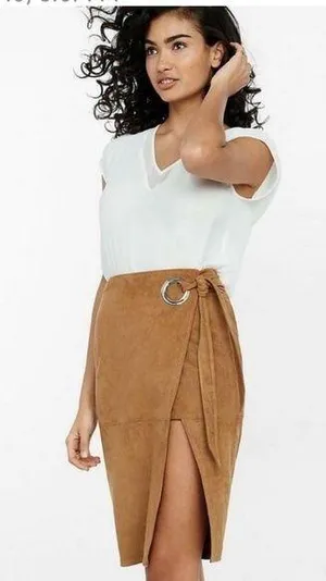EXPRESS | Camel Faux Suede High Waisted Pencil Wrap Tie Side Grommet Ring Skirt thumbnail 1