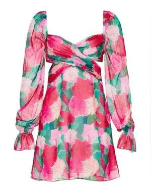 Louna multicolor floral, long puff sleeve, cutout waist mini dress romantic med. thumbnail 1