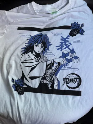 White Graphic Men’s Shirt with Blue & Black Anime Giyou Tomioka Demon Slayer thumbnail 1