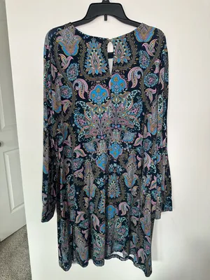 Loft Paisley Dress Size XL Blue Pink Long Sleeve Keyhole thumbnail 4