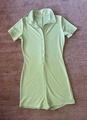 Lime Green Textured Romper Polo Collar Button Front Stretch Women’s Size M thumbnail 1
