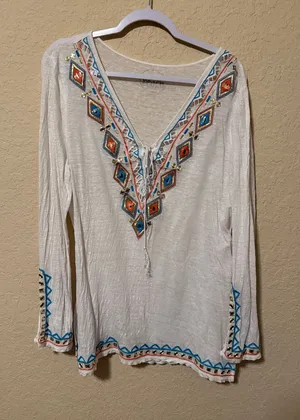INC International Concepts White Embroidered V-Neck Tunic thumbnail 1