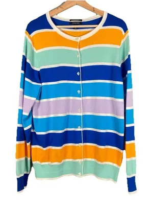 Lands' End‎ Cardigan Women’s Size L TALL Purple Orange Striped Button Up Cotton thumbnail 1