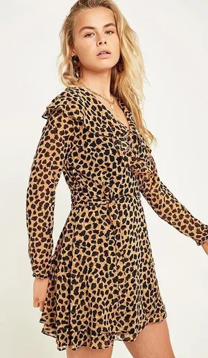 Free People Frenchie Leopard Print Ruffle Wrap Mini Dress Brown Black XS thumbnail 1