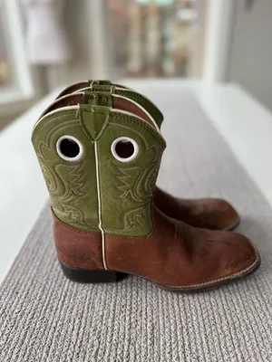 Justin Sage Green Brown Leather Western Square Toe Cowboy Festival Boots 5D or 7 thumbnail 3