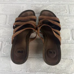 Teva Sandals Ysidro Slides Womens 8 Brown Slip On Wedge Cork Heel Casual 1015118 thumbnail 4