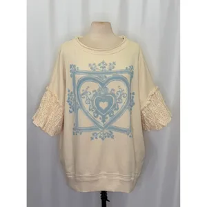 NWT!!‎ FREE PEOPLE Doily Sweatshirt Heart Ivory Blue Eyelet Lace Bohemian Small thumbnail 2