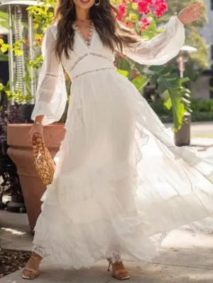 Rococo Sand Mia‎ Long-Sleeve Ruffled Maxi Dress White Lace V-Neck Boho Resort XS thumbnail 1