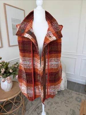Free People Wrapped Up Blanket Vest Orange Plaid Wool Blend S thumbnail 4
