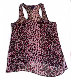 Miley Cyrus Y2K Sheer Asymmetrical Hem Tank Too Leopard Cheetah Print Pink Large thumbnail 1