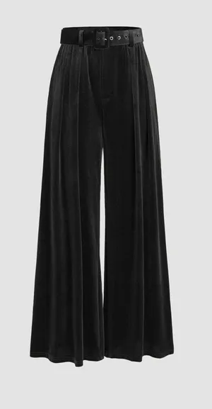 Cider Velvet Mid Waist Pocket Wide Leg Trousers with Belt Black XS thumbnail 1