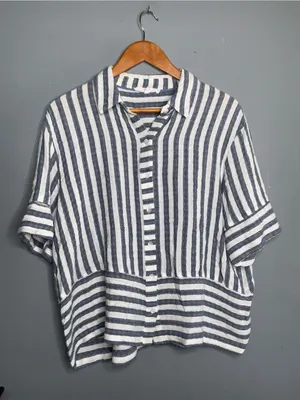 Jane and Delancey Blue and White Striped Button-Front Blouse Medium thumbnail 2
