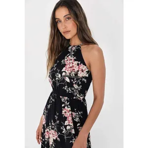 Lulus Feel the Music Midnight Blue Floral Print Halter Maxi Dress NWOT S thumbnail 2