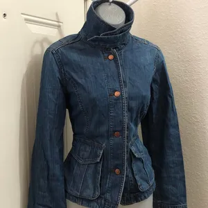 Y2K Vintage Grunge Fitted Navy Blue denim jean military cargo utility harajuku jacket shirt Top Blazer long sleeve button front-S thumbnail 2