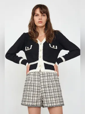 J.ING Black White Contrast Trim Boucle Knit Pearl Button Cardigan Sweater thumbnail 2