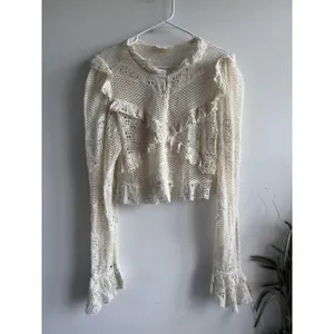 Anthropologie Ivory Lace Ruffle Cropped Cardigan Top Womens Size L‎ Eyelet Boho thumbnail 3