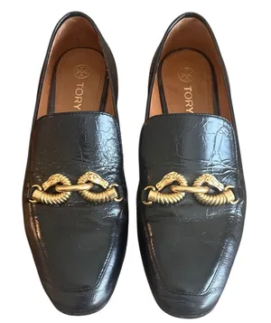 Tory Burch Jessa Black Leather Horsebit Horsehead Loafers Gold Size 8 thumbnail 1