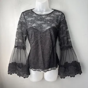Black Lace Top Size 4 Small Dark Coquette Sheer Witchy Vamp Bell Sleeve Retro thumbnail 1