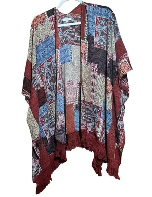 UMGEE Duster Cardigan Womens Medium Large Multicolor Boho Fringe Open Kimono thumbnail 1