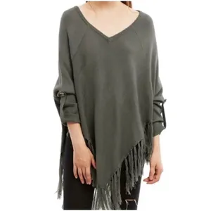✨VENUS Gray V-Neck Fringe Tassel Hem Button Cuff Sz S Poncho Sweater✨ thumbnail 5