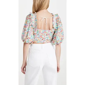 For Love & Lemons Floral Claude Puff Sleeve Crop Top Pink Blue Size Large thumbnail 3