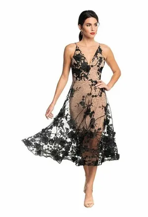 DRESS THE POPULATION Audrey Embroidered Fit & Flare Dress Black/Nude Size Small thumbnail 10