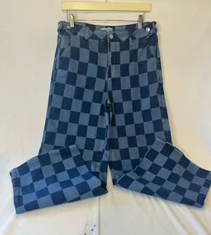 Women’s Blue Checkered Wide-Leg Jeans thumbnail 1
