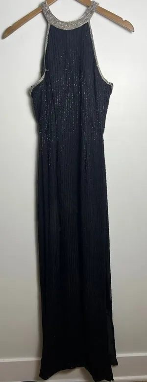 VTG SM Black Beaded Halter Neck Gown Silver Open Back Cage Detail Formal Dress thumbnail 1