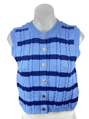 Zara Women's Blue Stripe Cable Knit Sleeveless Button Up Tank Sweater Vest Top S thumbnail 1