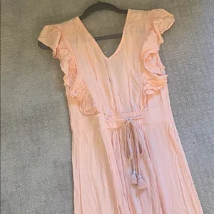 Lovestitch ruffled slit smocked maxi dress tassels new small peach pink rayon thumbnail 7