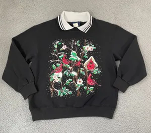 Vintage Cardinal Birds Snow Collared Sweatshirt L Black 90s Cottage Grandma thumbnail 1