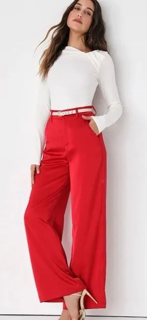 Lulus Modern Approach Red Satin Wide-Leg Pants Size Small thumbnail 1