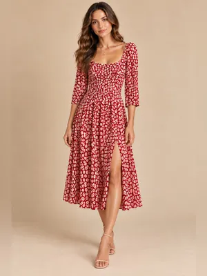 Reformation Red Ivory Floral Square Neck 3/4 Sleeve Midi Dress Size 0 Boho Style thumbnail 9