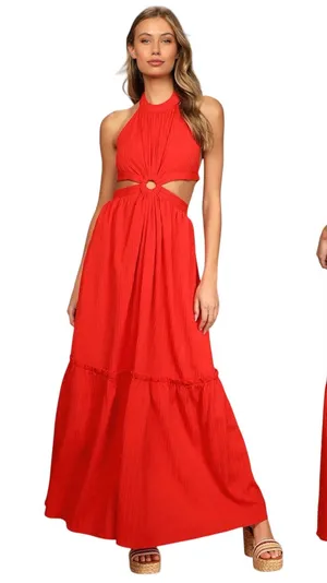 Lulus Island Vacay Red Tie-Back Maxi Dress size Small NWOT thumbnail 1