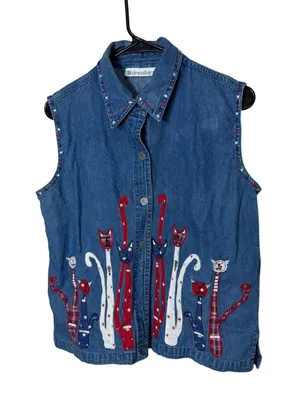 Vintage Dressbarn Womens‎ Large Denim Vest Patriotic Cat Embroidered Star Blue L thumbnail 1