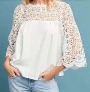 Eri + Ali Women’s Sz Medium Marigold Lace Blouse White 3/4 Sleeve BE15723 Anthro thumbnail 1