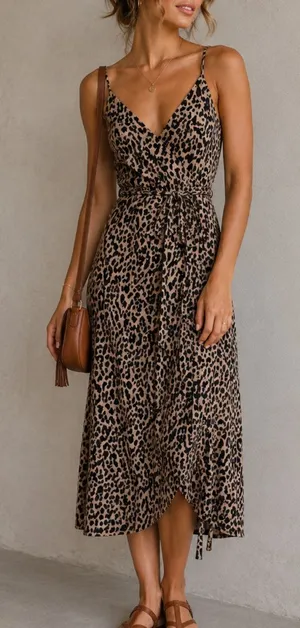 Essue Tan Animal Print Midi Dress Womens M Summer Strappy Casual Belted Classic thumbnail 1