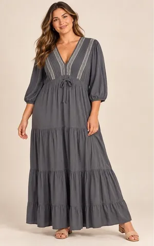 Baltic Born Maxi Dress Women XL Gray Embroidered Tiered Boho Cottagecorre thumbnail 1