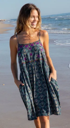 NATURAL LIFE Sara Embroidered Floral Mini Dress Dark Teal Medallion‎ Size XS thumbnail 1