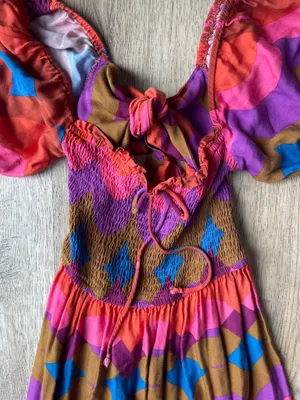 Olivaceous Retro Puff Sleeve Tie Front Smocked Midi Dress Multicolor Size M thumbnail 3