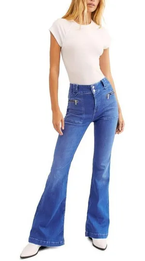 Free People Layla Boho High Rise Flare Leg Jeans Size 26 Electric Blue Denim thumbnail 1