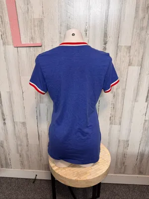 Majestic Chicago Cubs Metallic Foil V-Neck Ringer T-Shirt Womens Large Blue thumbnail 4