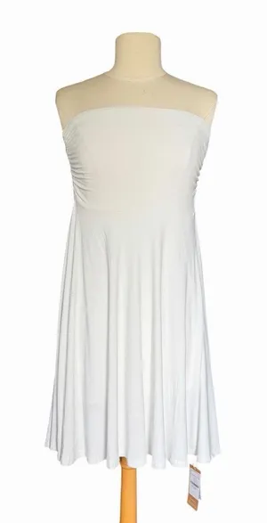OGL Strapless Midi Dress Pure White Ruched Stretch A Line NWT Small thumbnail 1