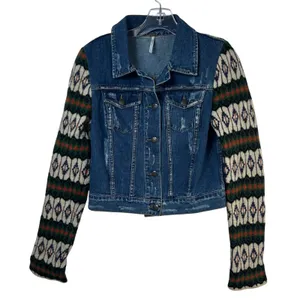 Free People Distressed Denim Jacket Fair Isle Wool Knit Sleeves Blue Small thumbnail 1