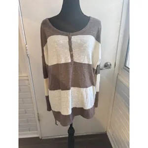 FP Beach Striped‎ Knit Gold Rush Linen Blend Henley Top medium boho oversized thumbnail 2