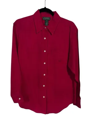 LAUREN RALPH LAUREN Womens Medium 100% Linen Red Button Up Shirt RL Logo Vintage thumbnail 1